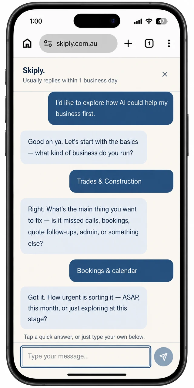 The Skiply lead-capture chatbot on a phone