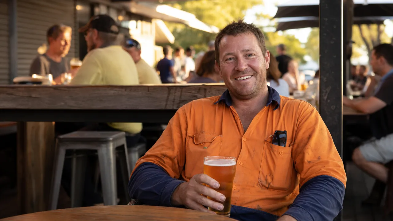 A tradie knocked off early, relaxing at the pub with a beer — the time automation gives back