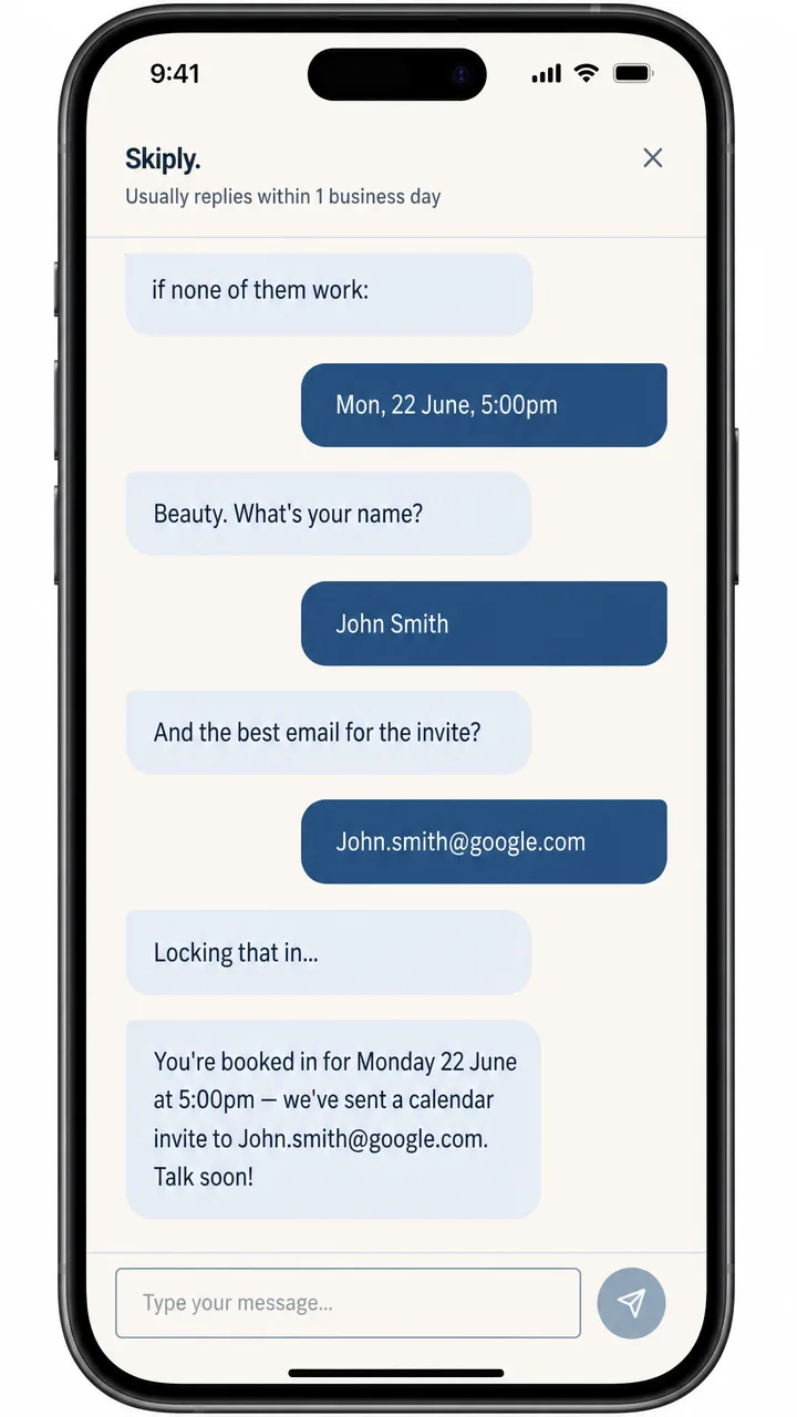 The Skiply appointment setter booking a real, available slot on a phone