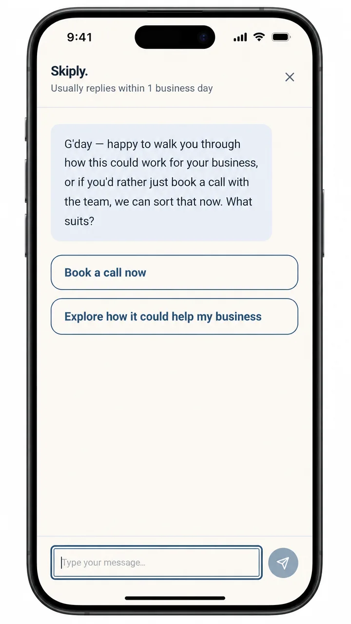 The Skiply lead-qualification chatbot triaging an enquiry on a phone