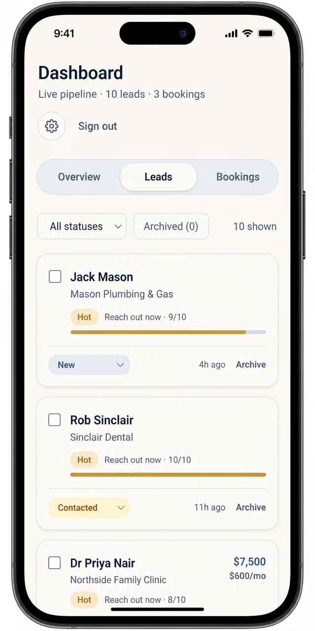 The Skiply dashboard on a phone — a lead's detail view