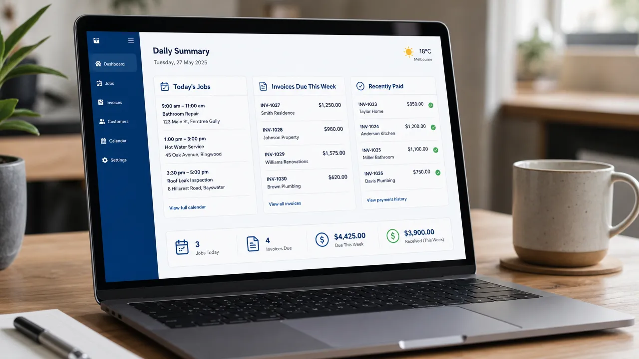 The Skiply daily summary on a laptop — today's jobs, invoices this week and recent payments at a glance