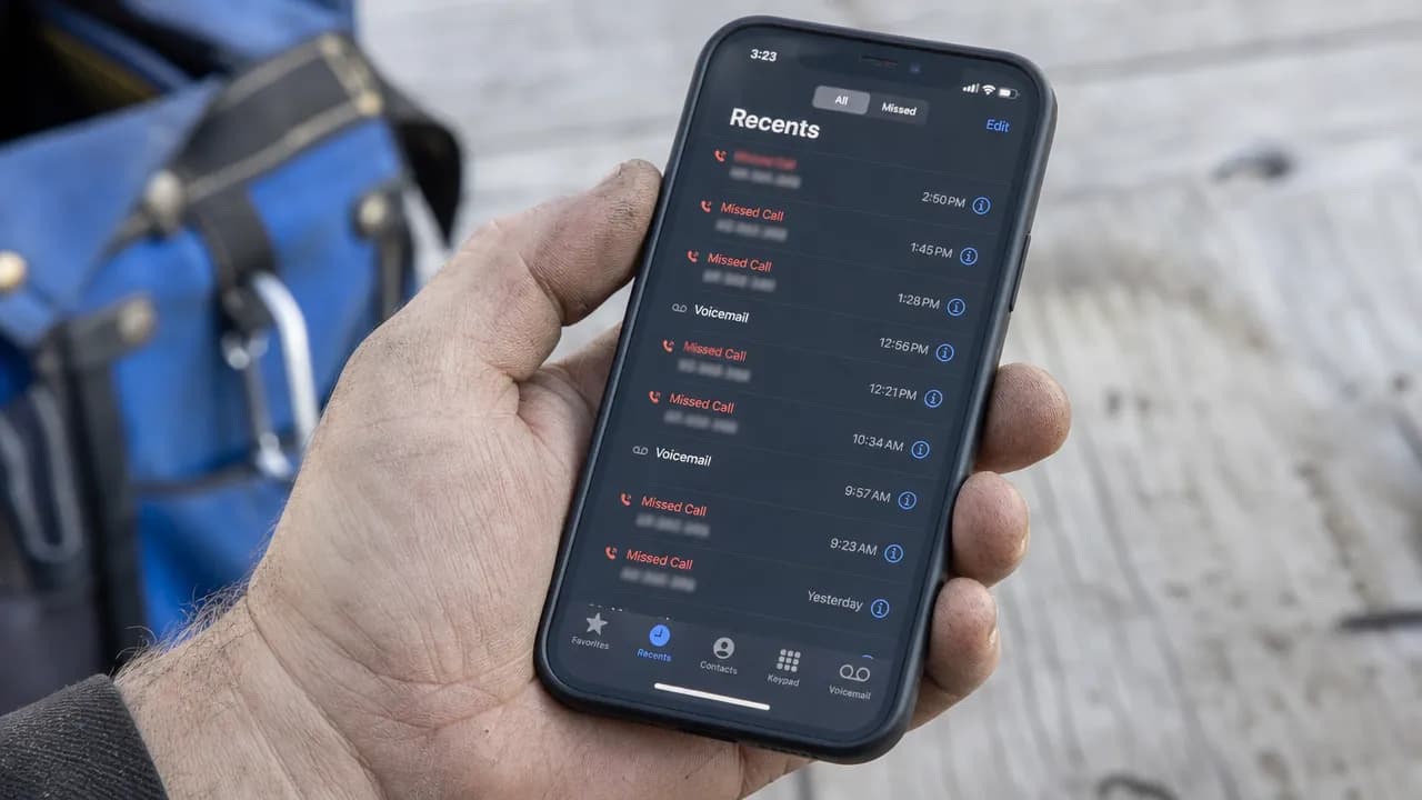 A phone showing a long list of recent and missed calls — leads ringing out while you're on the job